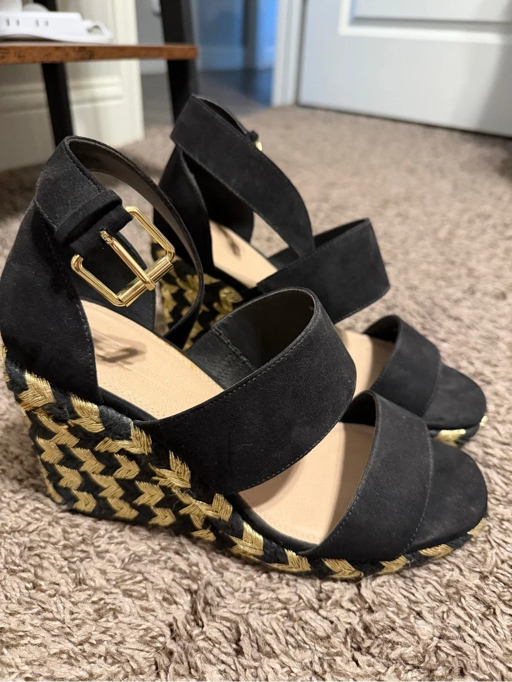 ASOS Black Wedge Sandals with Gold Braided Espadrille